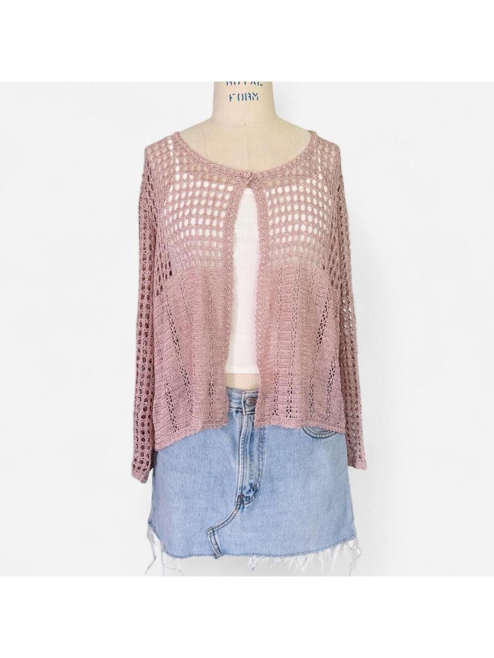 Dusty Pink Open Weave Metallic Crochet Knit Cardigan